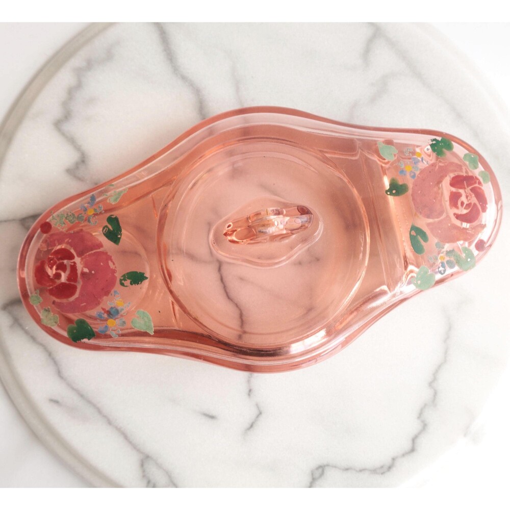 Cambridge Glass Peach Bo Vanity Box Art Deco Pink Hand Painted Flowers